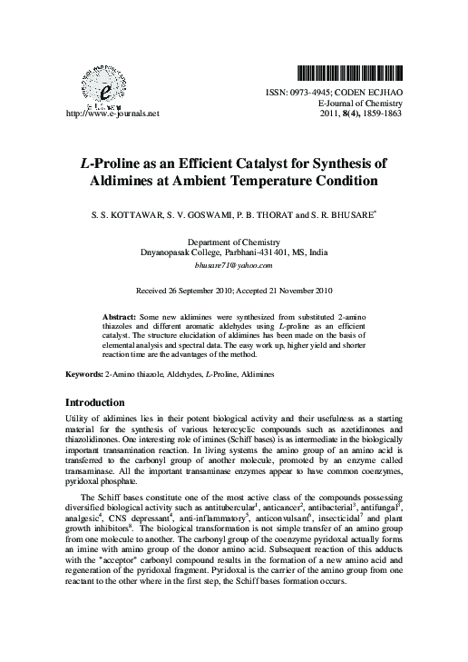 (PDF) Las an Efficient Catalyst for Synthesis of Aldimines at Ambient ...