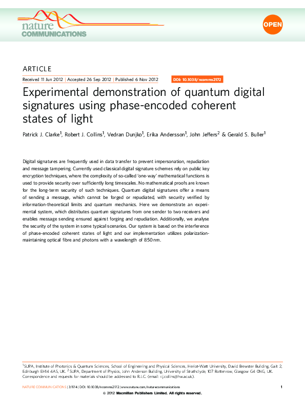 (PDF) Experimental demonstration of quantum digital signatures using ...