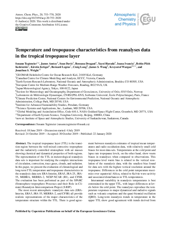 (PDF) Temperature and tropopause characteristics from reanalyses data ...
