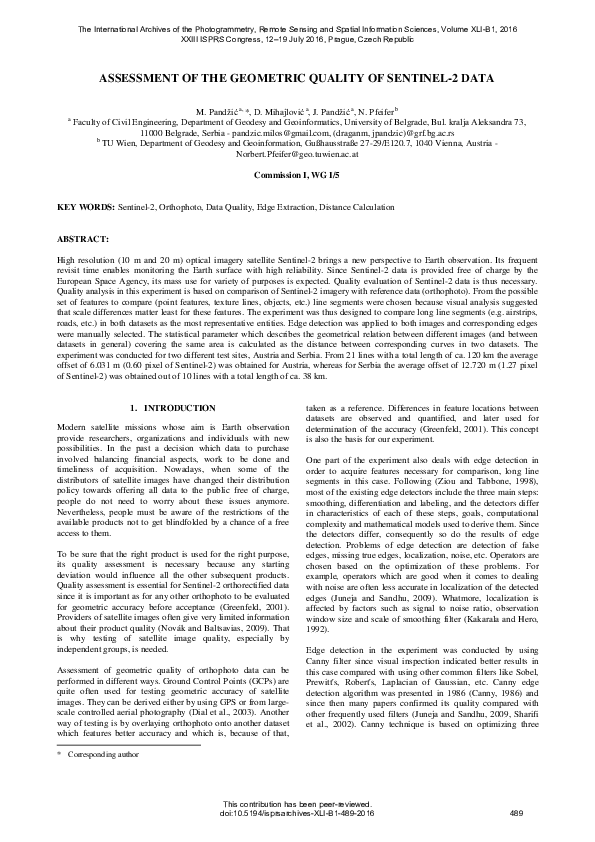 (PDF) Assessment of the Geometric Quality of SENTINEL-2 Data