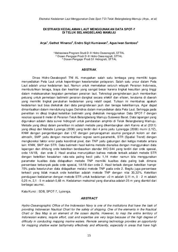 Ekstraksi Kedalaman Laut Menggunakan Data Spot-7 di Teluk Belangbelang Mamuju