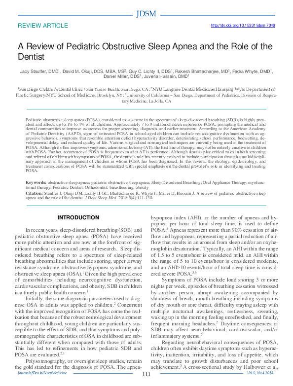 (PDF) A Review of Pediatric Obstructive Sleep Apnea and the Role of the ...