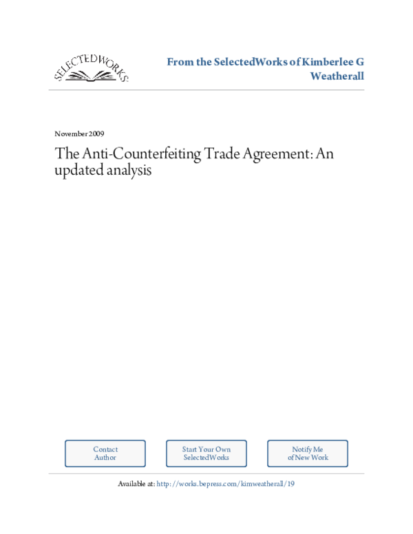 (PDF) The AntiCounterfeiting Trade Agreement An updated analysis