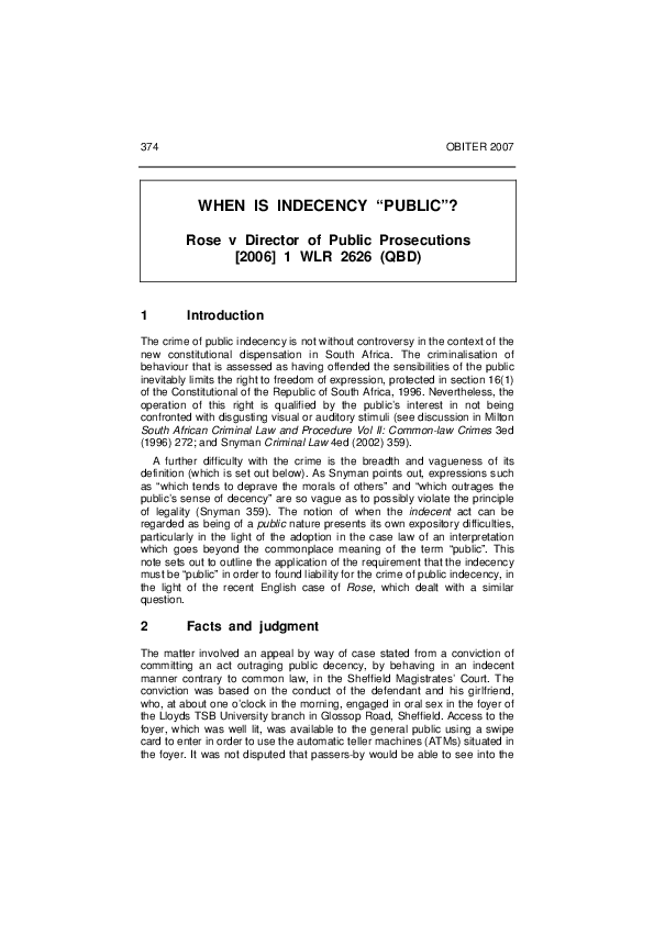 (PDF) WHEN IS INDECENCY “PUBLIC”? Rose v Director of Public ...