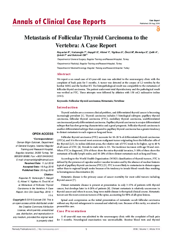 (PDF) Metastasis of Follicular Thyroid Carcinoma to the Vertebra: A ...