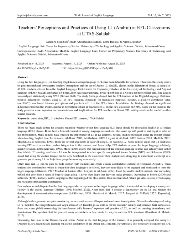 (PDF) Teachers’ Perceptions and Practices of Using L1 (Arabic) in EFL ...