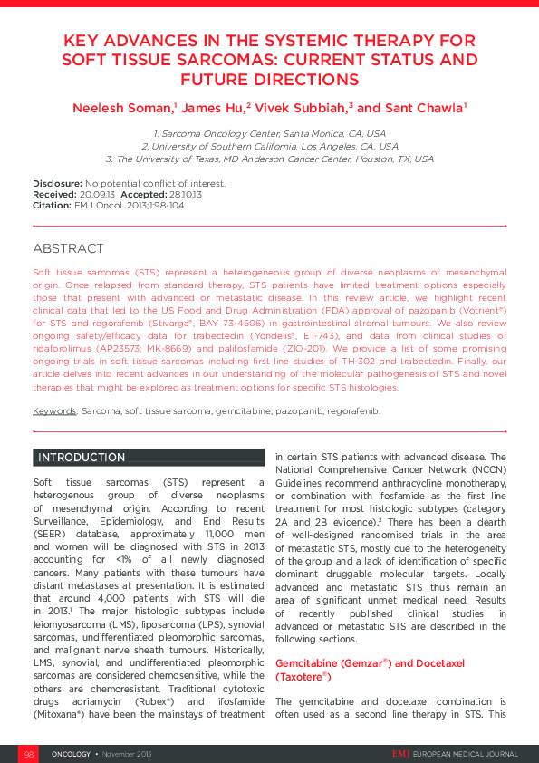 (PDF) Key Advances in the Systemic Therapy for Soft Tissue Sarcomas ...