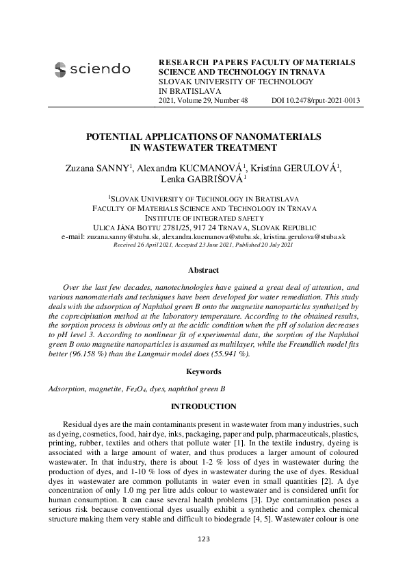 (PDF) Potential Applications of Nanomaterials in Wastewater Treatment