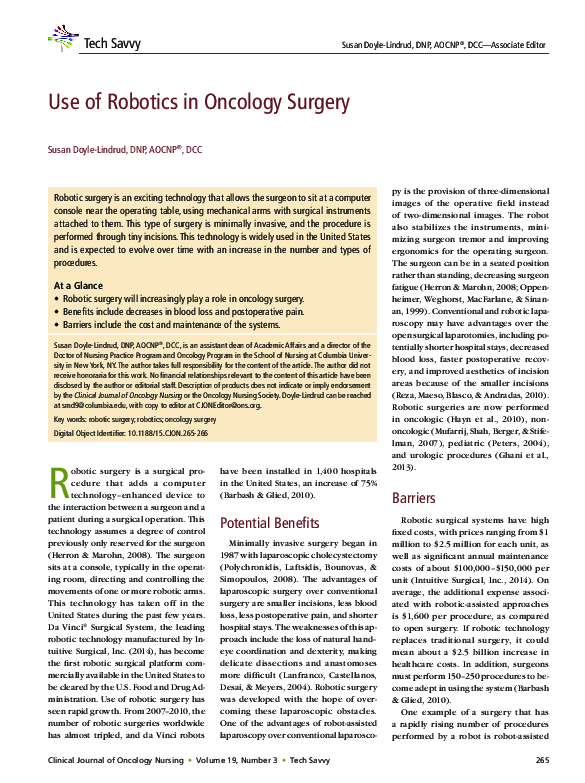 (PDF) Use of Robotics in Oncology Surgery