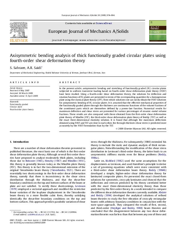 (PDF) Axisymmetric bending analysis of thick functionally graded ...