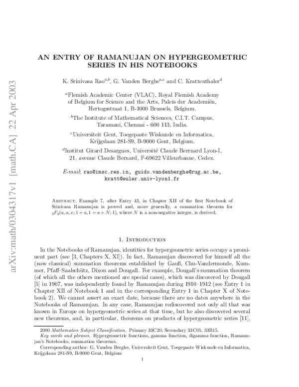 (PDF) An entry of Ramanujan on hypergeometric series in his Notebooks
