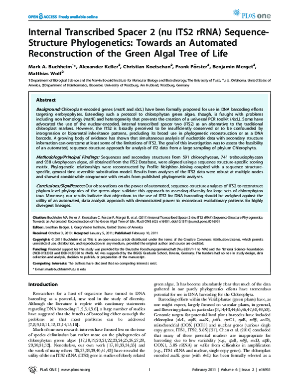 (PDF) Internal Transcribed Spacer 2 (nu ITS2 rRNA) Sequence-Structure ...