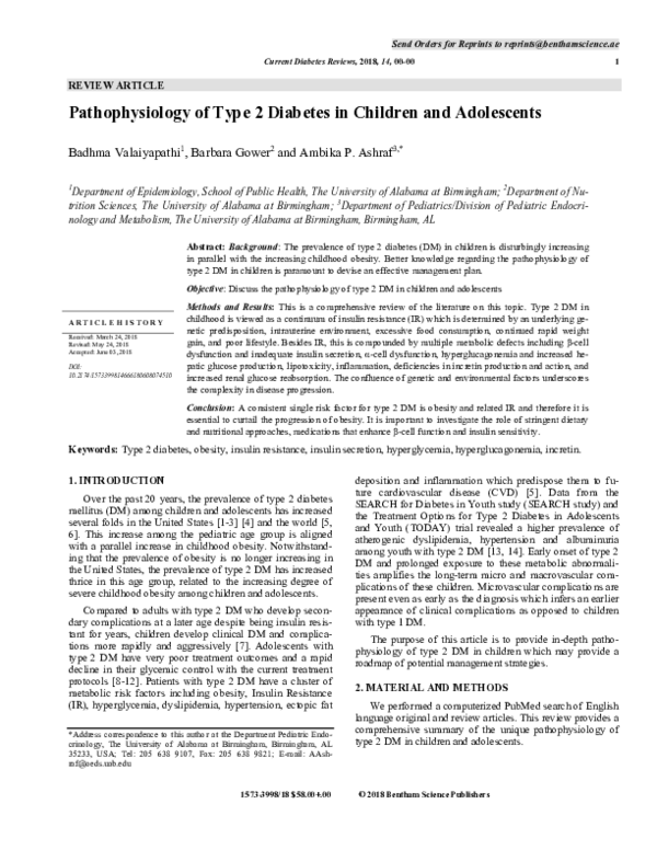 (PDF) Pathophysiology of Type 2 Diabetes in Children and Adolescents