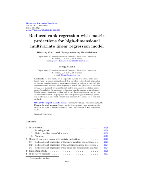 (PDF) Reduced rank regression with matrix projections for high ...