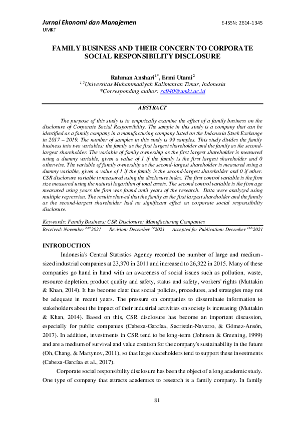 (PDF) Family Business and Their Concern to Corporate Social ...