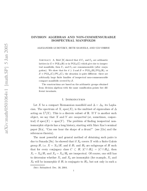(PDF) Division Algebras and Non-Commensurable Isospectral Manifolds