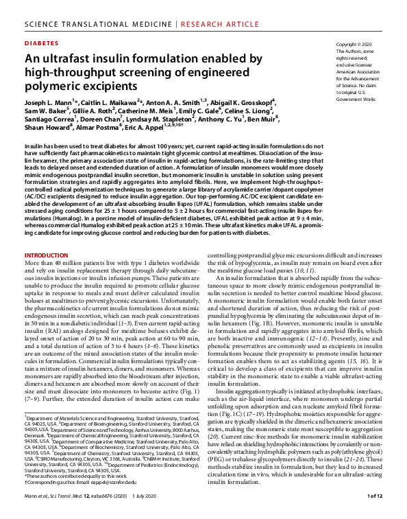 (PDF) An ultrafast insulin formulation enabled by high-throughput ...