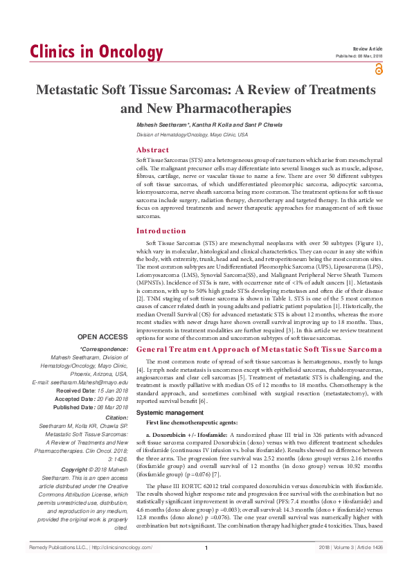 (PDF) Metastatic Soft Tissue Sarcomas: A Review of Treatments and New ...