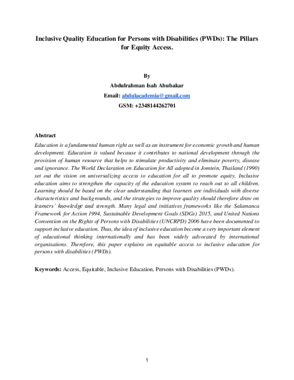 (PDF) Inclusive Quality Education for Persons with Disabilities (PWDs ...