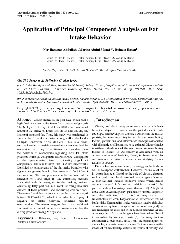 (PDF) Application of Principal Component Analysis on Fat Intake Behavior