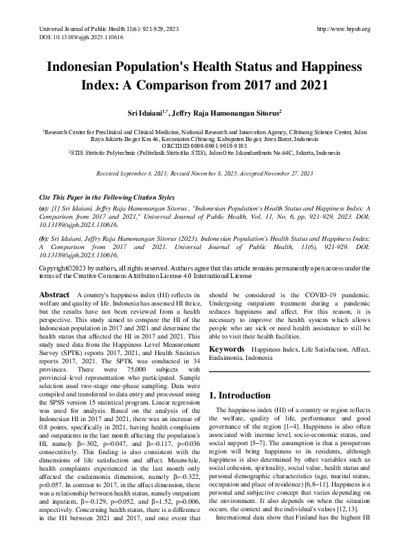(PDF) Indonesian Population's Health Status and Happiness Index: A ...