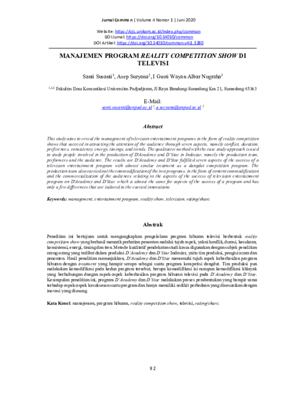 (PDF) Manajemen Program Reality Competition Show DI Televisi