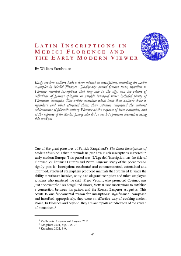 (PDF) Latin Inscriptions in Medici Florence and the Early Modern Viewer