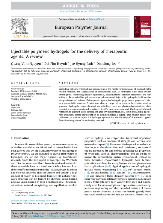 (PDF) Injectable polymeric hydrogels for the delivery of therapeutic ...