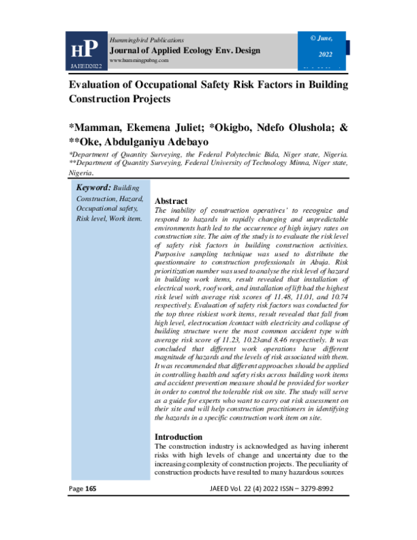 (PDF) Evaluation of Occupational Safety Risk Factors in Building ...