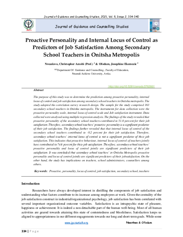 (PDF) Proactive Personality and Internal Locus of Control as Predictors ...