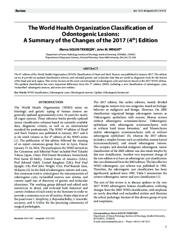 (PDF) The World Health Organization classification of odontogenic and ...