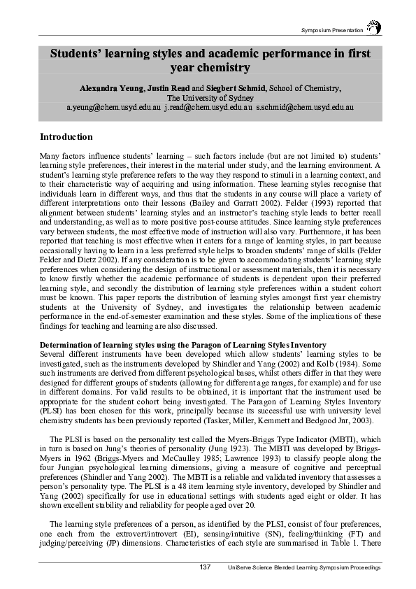 (PDF) Students' learning styles and academic performance in first year