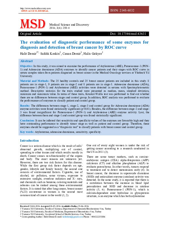 (PDF) The evaluation of diagnostic performance of some enzymes for ...