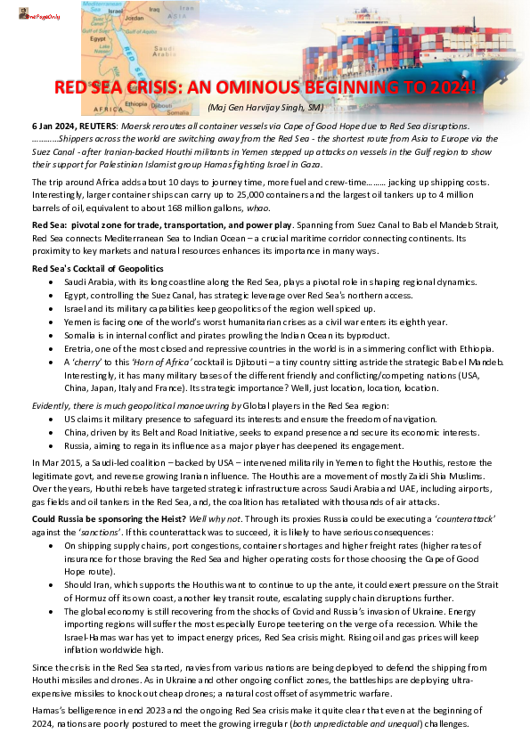 (PDF) RED SEA CRISIS: AN OMINOUS BEGINNING TO 2024