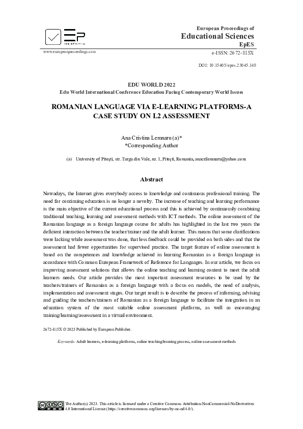 (PDF) Romanian Language via E-Learning Platforms-A Case Study on L2 ...