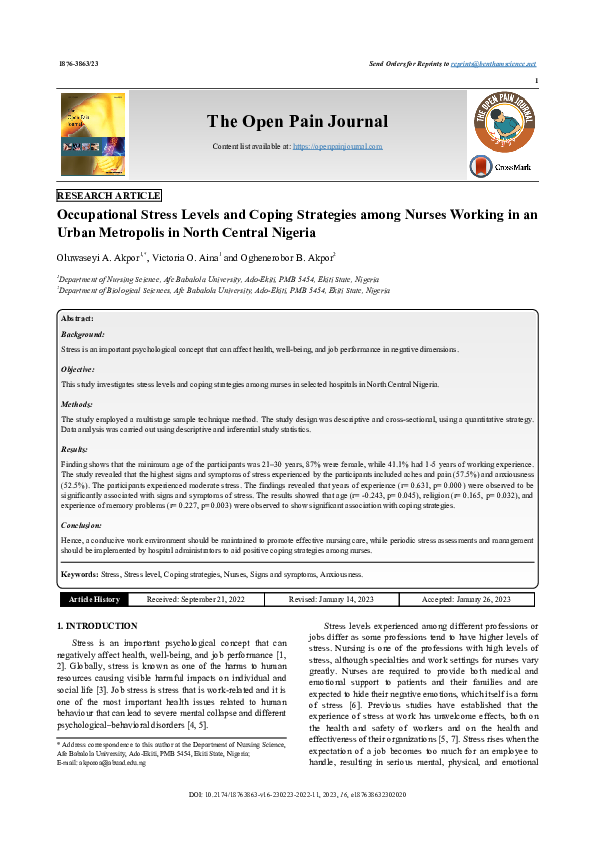 (PDF) Occupational Stress Levels and Coping Strategies among Nurses ...