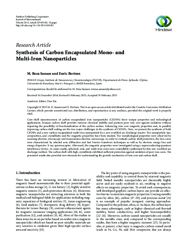 (PDF) Synthesis of Carbon Encapsulated Mono- and Multi-Iron Nanoparticles