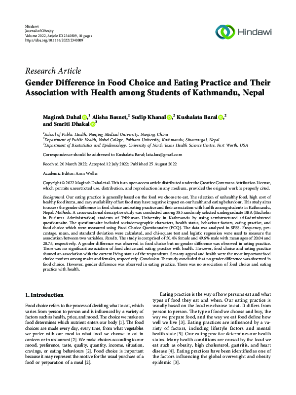 (PDF) Gender Difference in Food Choice and Eating Practice and Their ...