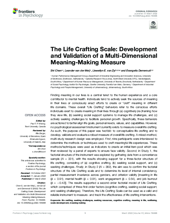 (PDF) The Life Crafting Scale: Development and Validation of a Multi ...