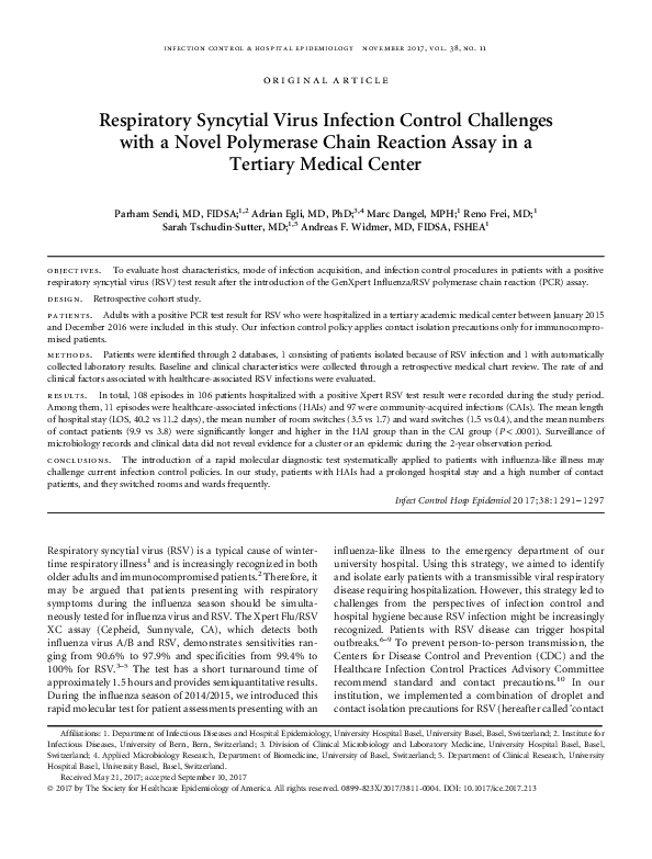 (PDF) Respiratory Syncytial Virus Infection Control Challenges with a ...