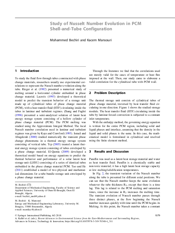 (PDF) Study of Nusselt Number Evolution in PCM Shell-and-Tube Configuration
