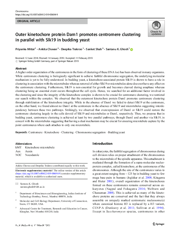 (PDF) Outer kinetochore protein Dam1 promotes centromere clustering in ...