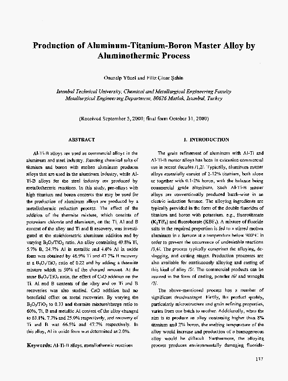 (PDF) Production of Aluminum-Titanium-Boron Master Alloy by ...