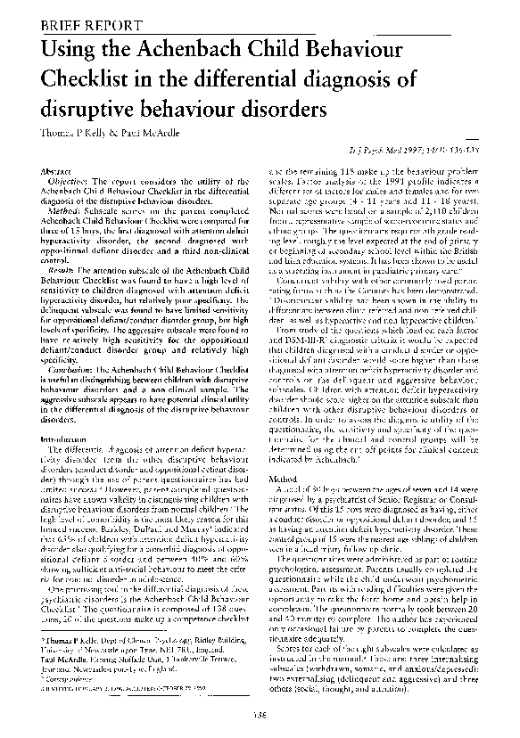 (PDF) Using the Achenbach Child Behaviour Checklist in the differential