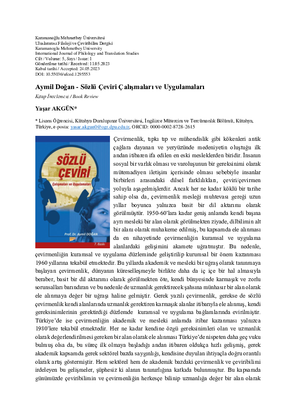 (PDF) Aymil Doğan -Sözlü Çeviri Çalışmaları ve Uygulamaları
