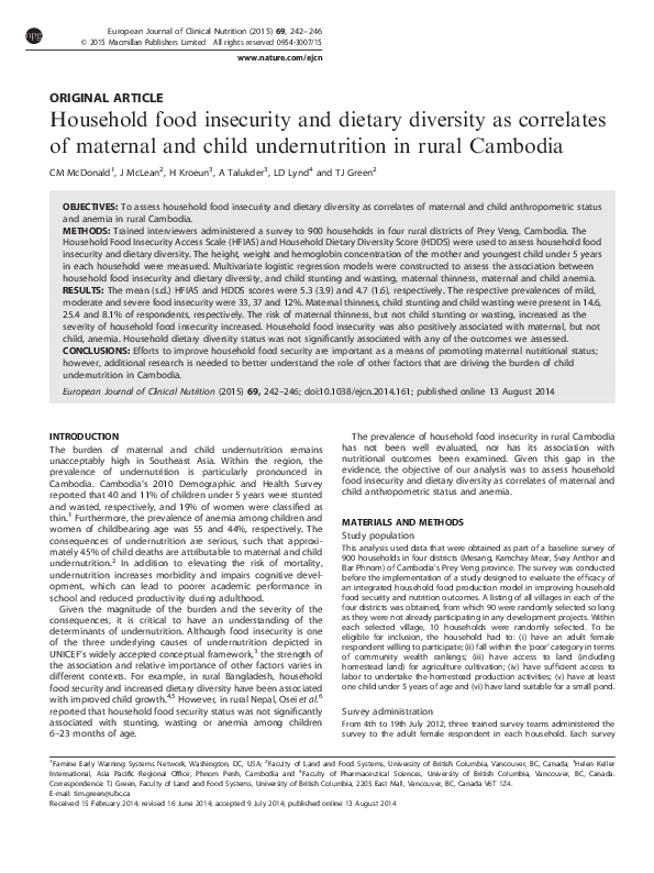 (PDF) Household food insecurity and dietary diversity as correlates of ...