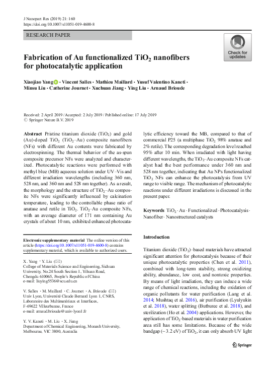 (PDF) Fabrication of Au functionalized TiO2 nanofibers for ...