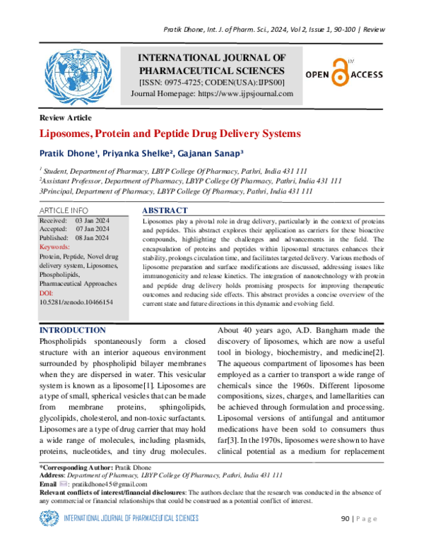 (PDF) Liposomes, Protein and Peptide Drug Delivery Systems