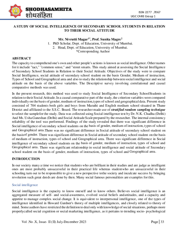 (PDF) A STUDY OF SOCIAL INTELLIGENCE OF SECONDARY SCHOOL STUDENTS IN ...