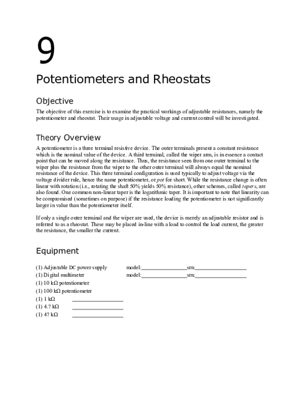 (PDF) Experiment 9 Potentiometers and Rheostats Angella Mae Favia